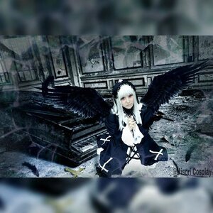 Rating: Safe Score: 0 Tags: 1girl angel_wings black_wings cross dress feathered_wings feathers flower frills hairband long_hair long_sleeves looking_at_viewer red_eyes ribbon solo suigintou window wings User: admin