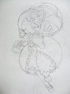 Rating: Safe Score: 0 Tags: 1girl bow dress drill_hair full_body image kanaria long_sleeves monochrome open_mouth short_hair sketch smile solo standing traditional_media twin_drills User: admin
