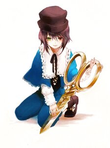Rating: Safe Score: 0 Tags: 1girl brown_hair green_eyes hat heterochromia highres image kneeling light_smile long_sleeves pantyhose red_eyes ribbon rozen_maiden scissors short_hair simple_background sitting smile solo souseiseki sugi top_hat white_background User: admin