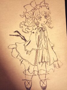 Rating: Safe Score: 0 Tags: 1girl bow full_body hinaichigo image long_hair long_sleeves monochrome sleeves_past_wrists smile solo traditional_media User: admin