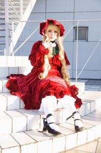 Rating: Safe Score: 0 Tags: 1girl blonde_hair box cardboard_box dress drill_hair floor long_hair long_sleeves red_dress shinku shoes sitting solo tile_floor tiles User: admin
