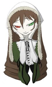 Rating: Safe Score: 0 Tags: 1girl bangs brown_hair dress frills green_eyes hands_on_own_cheeks hands_on_own_face image long_hair long_sleeves looking_at_viewer red_eyes simple_background smile solo suiseiseki white_background User: admin