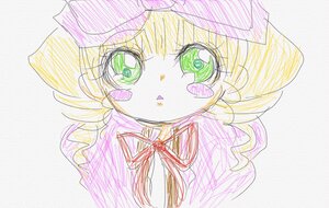 Rating: Safe Score: 0 Tags: 1990s_(style) 1girl bangs blonde_hair blush_stickers eyebrows_visible_through_hair green_eyes hat hinaichigo image long_hair looking_at_viewer neck_ribbon red_neckwear ribbon simple_background solo traditional_media upper_body User: admin