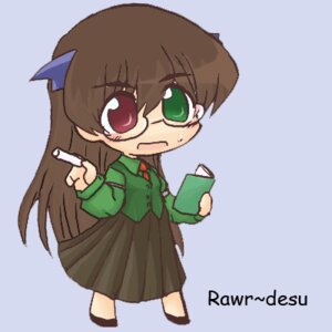 Rating: Safe Score: 0 Tags: 1girl blue_background brown_hair chibi full_body glasses green_shirt holding image long_hair long_sleeves pleated_skirt red_eyes simple_background skirt solo standing suiseiseki User: admin