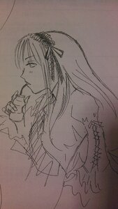 Rating: Safe Score: 0 Tags: 1girl flower frills greyscale hair_ribbon hairband image long_hair long_sleeves monochrome ribbon simple_background solo suigintou traditional_media upper_body User: admin