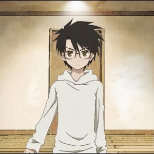 Rating: Safe Score: 0 Tags: 1boy arm_support black_hair frown glasses hood human indoors long_sleeves looking_at_viewer pants sakurada_jun screenshot sitting solo User: admin