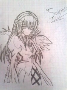 Rating: Safe Score: 0 Tags: 1girl akemi_homura black_hair black_wings bow dress feathered_wings flower gloves image long_hair long_sleeves looking_at_viewer monochrome ribbon rose simple_background solo suigintou traditional_media white_background wings User: admin