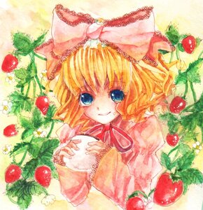 Rating: Safe Score: 0 Tags: 1girl apple blonde_hair blue_eyes blueberry bow cherry food fruit grapes hinaichigo holding_food holding_fruit image long_sleeves mandarin_orange melon orange peach ribbon short_hair smile solo strawberry tomato traditional_media upper_body watermelon User: admin