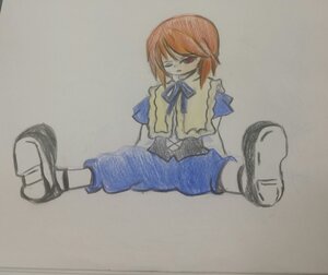 Rating: Safe Score: 0 Tags: 1boy blue_ribbon full_body image pants photo ribbon shoe_soles shoes simple_background sitting solo souseiseki traditional_media User: admin