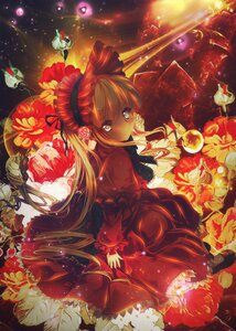 Rating: Safe Score: 0 Tags: 1girl blonde_hair bow dress flower frills hairband image lolita_fashion long_hair long_sleeves looking_at_viewer looking_back red_dress rose shinku sitting solo very_long_hair User: admin