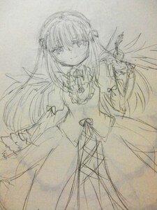 Rating: Safe Score: 0 Tags: 1girl akemi_homura bow dress graphite_(medium) hair_ribbon image kaname_madoka long_hair looking_at_viewer monochrome photo ribbon smile solo suigintou traditional_media wings User: admin