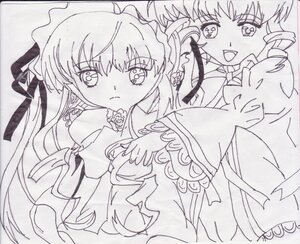 Rating: Safe Score: 0 Tags: 2girls :d blush dress drill_hair flower hinaichigo image long_hair long_sleeves monochrome multiple_girls open_mouth pair rose shinku smile traditional_media twin_drills upper_body User: admin