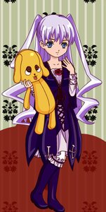 Rating: Safe Score: 0 Tags: 1girl blue_eyes boots costume_switch dated dress full_body holding_stuffed_toy image knee_boots long_hair long_sleeves looking_at_viewer solo standing striped_background stuffed_animal stuffed_bunny twintails User: admin