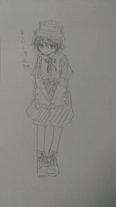 Rating: Safe Score: 0 Tags: 1girl full_body hat image long_sleeves looking_at_viewer monochrome shoes short_hair smile socks solo souseiseki standing traditional_media User: admin