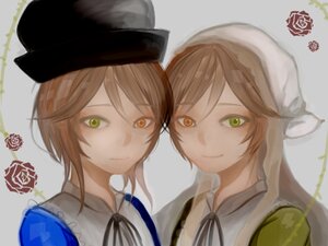 Rating: Safe Score: 0 Tags: 2girls brown_hair closed_mouth flower green_eyes grey_background hat head_scarf heterochromia image long_hair looking_at_viewer multiple_girls pair ribbon rose short_hair siblings sisters smile souseiseki suiseiseki twins User: admin