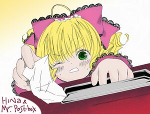 Rating: Safe Score: 0 Tags: 1girl blonde_hair bow green_eyes hair_bow hina_ichigo hinaichigo image one_eye_closed pink_bow solo tears wince User: admin