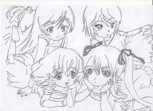 Rating: Safe Score: 0 Tags: 5girls :d blush dress drill_hair greyscale hair_ribbon image long_hair looking_at_viewer lying monochrome multiple multiple_girls open_mouth ribbon short_hair sketch smile tagme twin_drills twintails User: admin