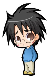 Rating: Safe Score: 0 Tags: 1boy black_hair brown_eyes chibi full_body glasses hood hoodie human lowres pac-man_eyes pants rozen_maiden sakurada_jun simple_background slippers solo standing suntail white_background User: admin