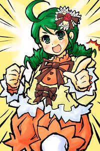 Rating: Safe Score: 0 Tags: 1girl :d ahoge blush bow dress drill_hair emphasis_lines flower frills green_eyes green_hair hair_ornament image kanaria long_hair long_sleeves open_mouth orange_dress orange_skirt pointing rose smile solo yellow_background User: admin