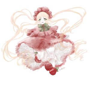 Rating: Safe Score: 0 Tags: 1girl blonde_hair bow bowtie dress flower green_bow green_eyes image long_hair long_sleeves looking_at_viewer open_mouth shinku smile solo striped very_long_hair User: admin
