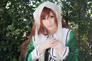 Rating: Safe Score: 0 Tags: 1girl bangs closed_mouth dress eyelashes green_dress green_eyes lace lace-trimmed_dress leaf lips long_hair long_sleeves looking_at_viewer own_hands_together plant solo suiseiseki upper_body User: admin