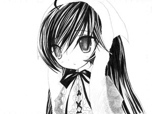 Rating: Safe Score: 0 Tags: 1girl bangs blush dress eyebrows_visible_through_hair greyscale image long_hair long_sleeves looking_at_viewer monochrome neck_ribbon ribbon solo suiseiseki upper_body User: admin