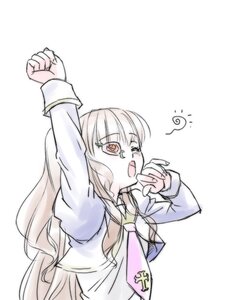 Rating: Safe Score: 0 Tags: 1girl arm_up bangs blonde_hair blush_stickers image kirakishou long_hair long_sleeves necktie one_eye_closed open_mouth shirt simple_background solo striped upper_body white_background white_shirt User: admin