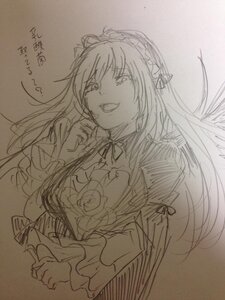 Rating: Safe Score: 0 Tags: 1girl dress flower frills hairband image long_hair long_sleeves looking_at_viewer monochrome open_mouth rose simple_background sketch smile solo suigintou traditional_media upper_body User: admin
