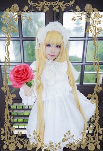 Rating: Safe Score: 0 Tags: 1girl bangs blonde_hair blue_eyes bouquet flower kirakishou lips long_hair looking_at_viewer rose solo window User: admin
