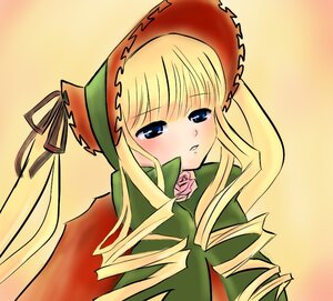 Rating: Safe Score: 0 Tags: 1girl bangs blonde_hair blue_eyes blush bonnet bowtie dress drill_hair flower hat image long_hair long_sleeves looking_afar looking_at_viewer pink_rose rose shinku sidelocks simple_background solo twin_drills twintails upper_body yellow_background User: admin