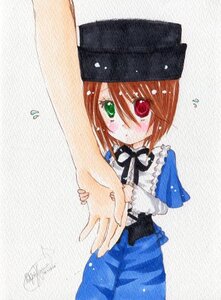 Rating: Safe Score: 0 Tags: 1girl black_headwear blush bow brown_hair dress flying_sweatdrops green_eyes hat heterochromia image long_sleeves looking_at_viewer outstretched_arm red_eyes short_hair signature solo souseiseki yumeki_kokoro User: admin