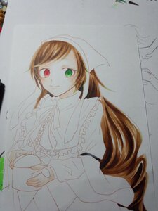 Rating: Safe Score: 0 Tags: 1girl brown_hair closed_mouth cup dress frills green_eyes head_scarf heterochromia holding image long_hair long_sleeves looking_at_viewer photo red_eyes simple_background smile solo suiseiseki traditional_media very_long_hair watering_can User: admin