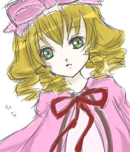 Rating: Safe Score: 0 Tags: 1girl blonde_hair bow dress drill_hair eyebrows_visible_through_hair green_eyes hina_ichigo hinaichigo image long_sleeves looking_at_viewer parted_lips pink_bow pink_dress ribbon short_hair simple_background solo upper_body white_background User: admin