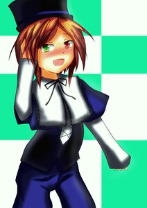 Rating: Safe Score: 0 Tags: argyle argyle_background blush brown_hair capelet checkered checkered_background checkered_floor green_eyes hat heterochromia image long_sleeves open_mouth pants red_eyes short_hair smile solo souseiseki top_hat User: admin