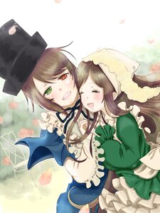 Rating: Safe Score: 0 Tags: 2girls brown_hair dress flower frills green_dress green_eyes hat heterochromia image long_hair multiple_girls open_mouth pair petals red_eyes short_hair siblings sisters smile souseiseki suiseiseki twins User: admin