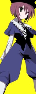 Rating: Safe Score: 0 Tags: 1girl blue_dress dress frills green_eyes hat heterochromia image looking_at_viewer red_eyes short_hair simple_background solo souseiseki standing yellow_background User: admin