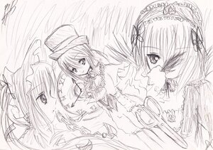 Rating: Safe Score: 0 Tags: greyscale hat image looking_at_viewer monochrome multiple multiple_girls sisters sketch suigintou tagme wings User: admin