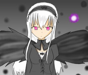 Rating: Safe Score: 0 Tags: 1girl black_dress black_wings detached_collar dress expressionless feathered_wings flower frills grey_background hairband image long_hair long_sleeves looking_at_viewer pink_eyes ribbon silver_hair solo suigintou upper_body wings User: admin