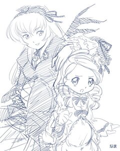 Rating: Safe Score: 0 Tags: 2girls dress drill_hair frills hat image kanaria long_hair long_sleeves looking_at_viewer monochrome multiple_girls open_mouth pair ribbon shinku sketch smile suigintou User: admin