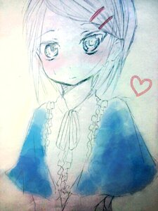 Rating: Safe Score: 0 Tags: 1girl auto_tagged blush hair_ornament hairclip heart image looking_at_viewer monochrome ribbon short_hair solo souseiseki traditional_media upper_body User: admin