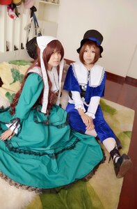 Rating: Safe Score: 0 Tags: blonde_hair blue_dress brown_eyes brown_hair dress green_dress hat holding_hands long_hair multiple_cosplay multiple_girls shoes short_hair sitting smile souseiseki suiseiseki tagme User: admin