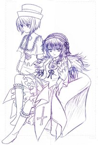 Rating: Safe Score: 0 Tags: 2girls boots dress frills hat image knee_boots long_hair long_sleeves looking_at_viewer monochrome multiple_girls pair ribbon short_hair siblings sisters souseiseki suigintou top_hat twins User: admin