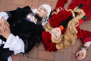 Rating: Safe Score: 0 Tags: 1boy 2girls blonde_hair choker closed_eyes dress flower hands_clasped hat holding_hands interlocked_fingers jewelry lips long_hair lying multiple_cosplay multiple_girls on_back own_hands_together rose tagme tile_floor tiles white_hair User: admin