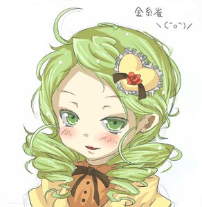 Rating: Safe Score: 0 Tags: 1girl ahoge blush bow drill_hair green_eyes green_hair hat heart heart_hair_ornament image kanaria mini_hat ribbon smile solo striped User: admin