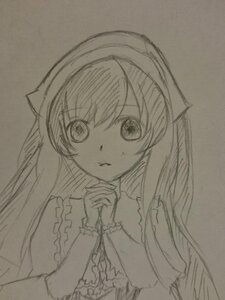Rating: Safe Score: 0 Tags: 1girl eyebrows_visible_through_hair frown greyscale image long_hair looking_at_viewer monochrome own_hands_together solo suiseiseki traditional_media upper_body User: admin