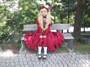 Rating: Safe Score: 0 Tags: 1girl blonde_hair blue_eyes bow bush dress flower long_hair mary_janes outdoors pantyhose shinku shoes sitting solo tree white_legwear User: admin