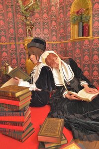 Rating: Safe Score: 0 Tags: 1girl book brown_hair dress flower hat long_sleeves multiple_cosplay red_flower shawl sitting tagme User: admin