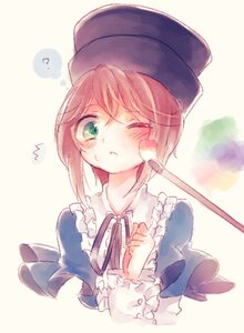 Rating: Safe Score: 0 Tags: 1girl ? black_headwear blush brown_hair dress frills green_eyes hat long_sleeves one_eye_closed ribbon short_hair solo souseiseki striped striped_background upper_body vertical_stripes User: admin