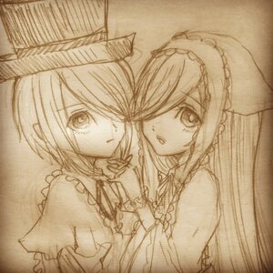 Rating: Safe Score: 0 Tags: 2girls frills hair_over_one_eye hat holding_hands image long_hair maid maid_headdress monochrome multiple_girls pair short_hair souseiseki suiseiseki User: admin
