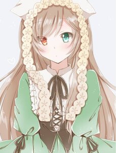 Rating: Safe Score: 0 Tags: 1girl bangs black_neckwear black_ribbon blush brown_hair dress eyebrows_visible_through_hair frills green_dress heterochromia image long_hair long_sleeves looking_at_viewer neck_ribbon red_eyes ribbon solo striped striped_background suiseiseki upper_body vertical_stripes very_long_hair User: admin